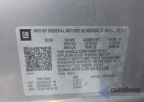 2019 Chevrolet Equinox Lt z USA, uszkodzony, nr VIN 3GNAXKEV2KS555129